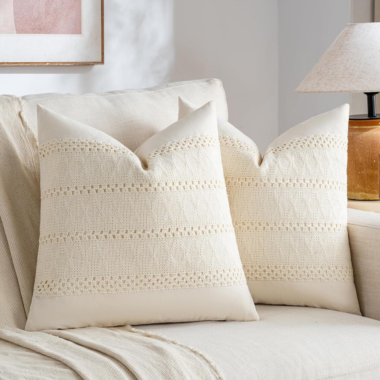 i Set of 2 Boho Cream Decorative Throw Pillow Cover 18x18 Inch (Cream)